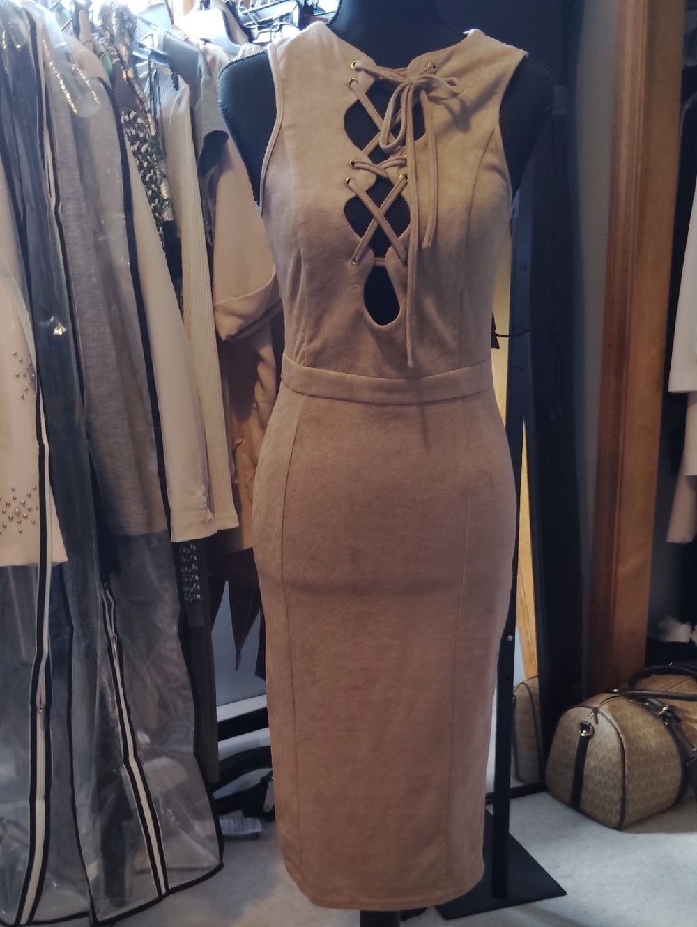 privy Lace-Up Tan Suede Midi Sheath Dress M 4-6 $118
